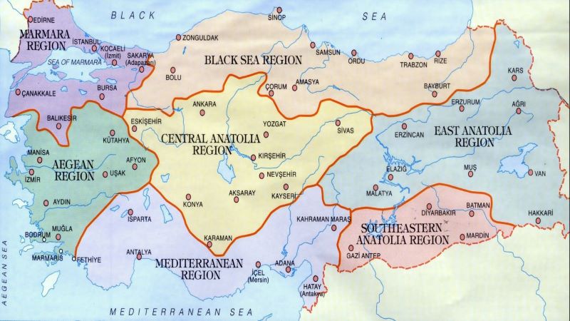 مناطق هفت گانه ترکیه به ترتیب مارمارا، آناتولی مرکزی، منطقه جنوب شرقی آناتولی، آناتولی شرقی، منطقه اژه، منطقه مدیترانه و دریای سیاه است.
